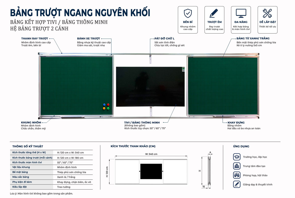 Sơ đồ bảng trượt ngang viết phấn 2 lớp
