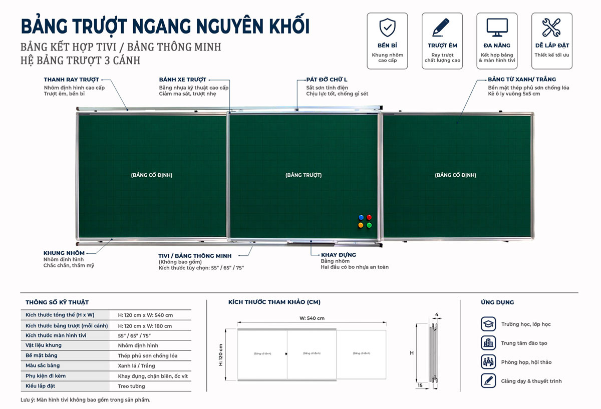 Sơ đồ bảng trượt ngang viết phấn 3 lớp