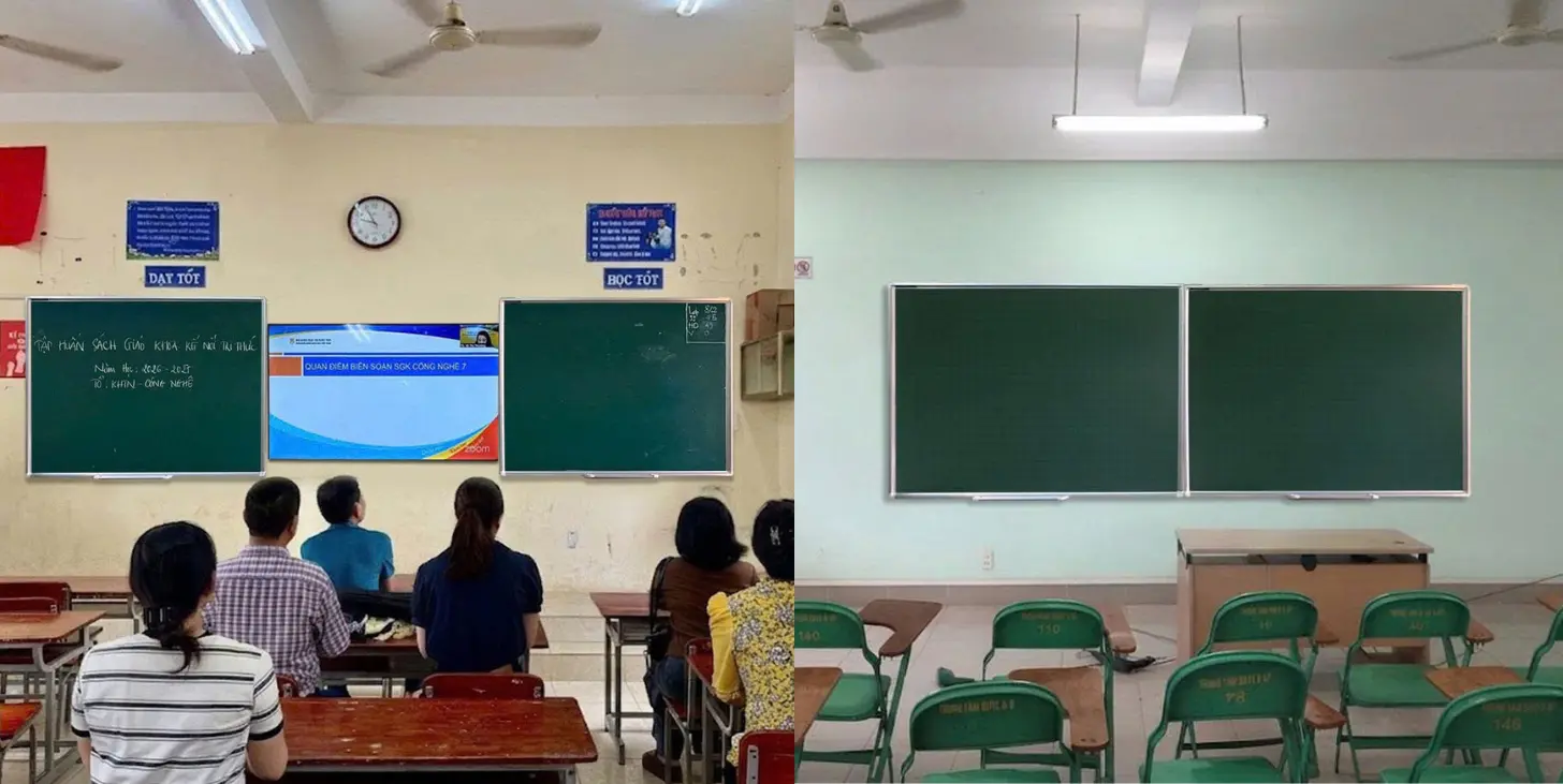 Bảng Trượt Ngang 2 Lớp 3 Bảng trượt ngang không ray 2 cánh kết hợp TV thế hệ mới viết phấn