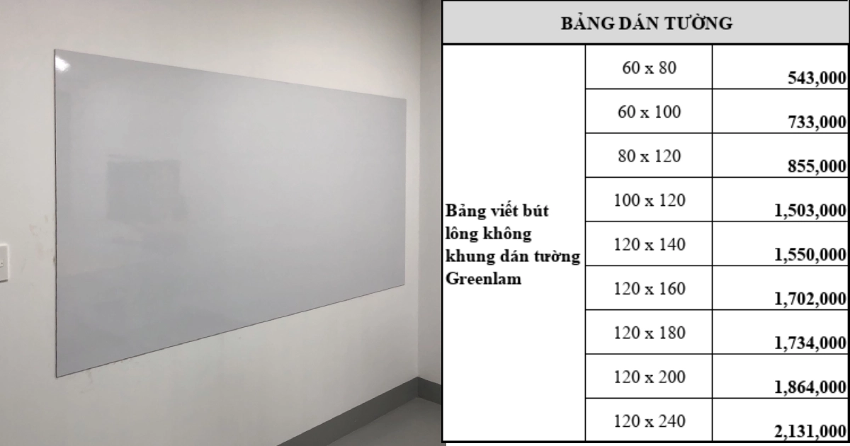 Bảng giá bảng viết bút lông Greenlam không khung dán tường